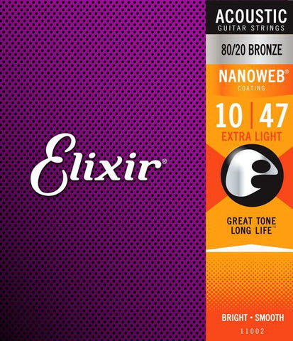 Elixir 11002 Acoustic Extra Light 80/20 Bronze Nanoweb 0.10-0.47